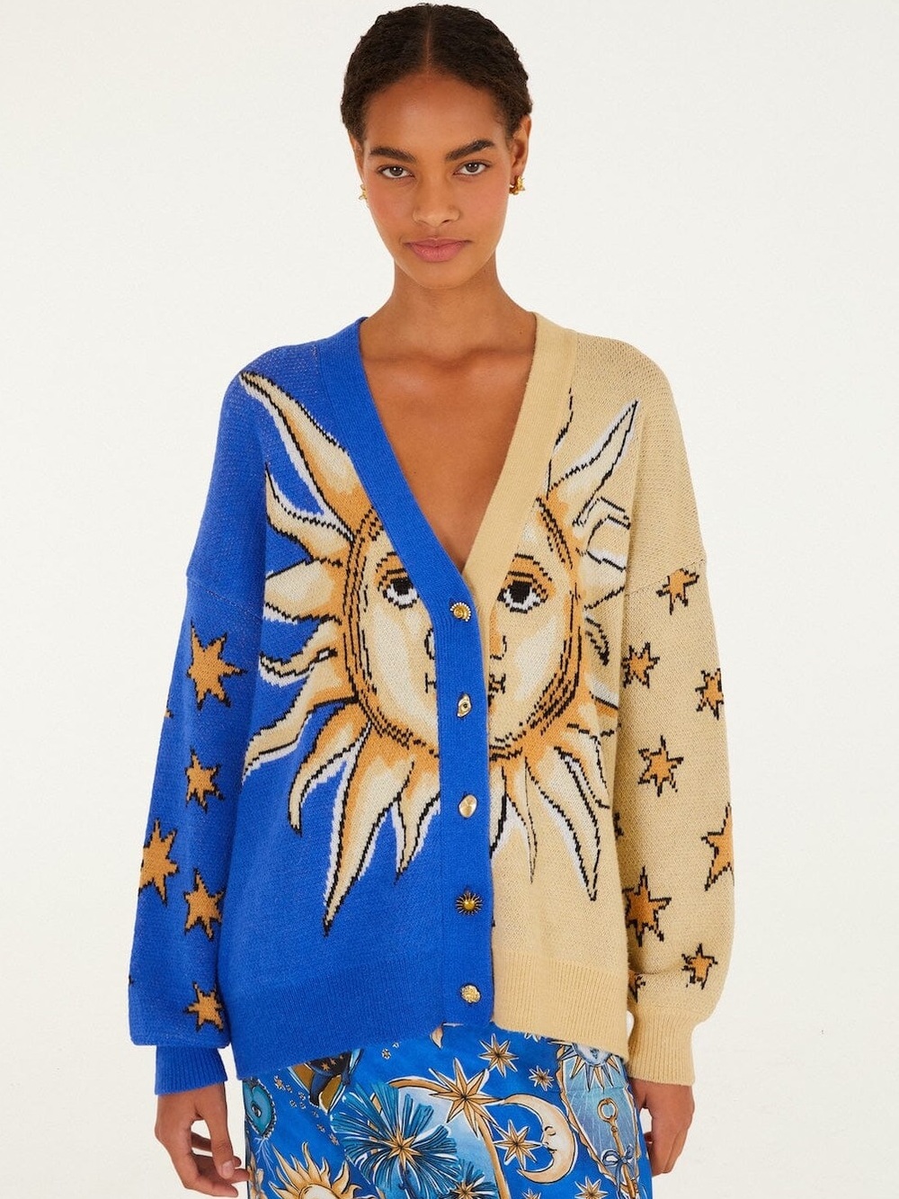 FARM Rio Mixed Mystical Sun Buttoned Knit Cardigan NWT Size M